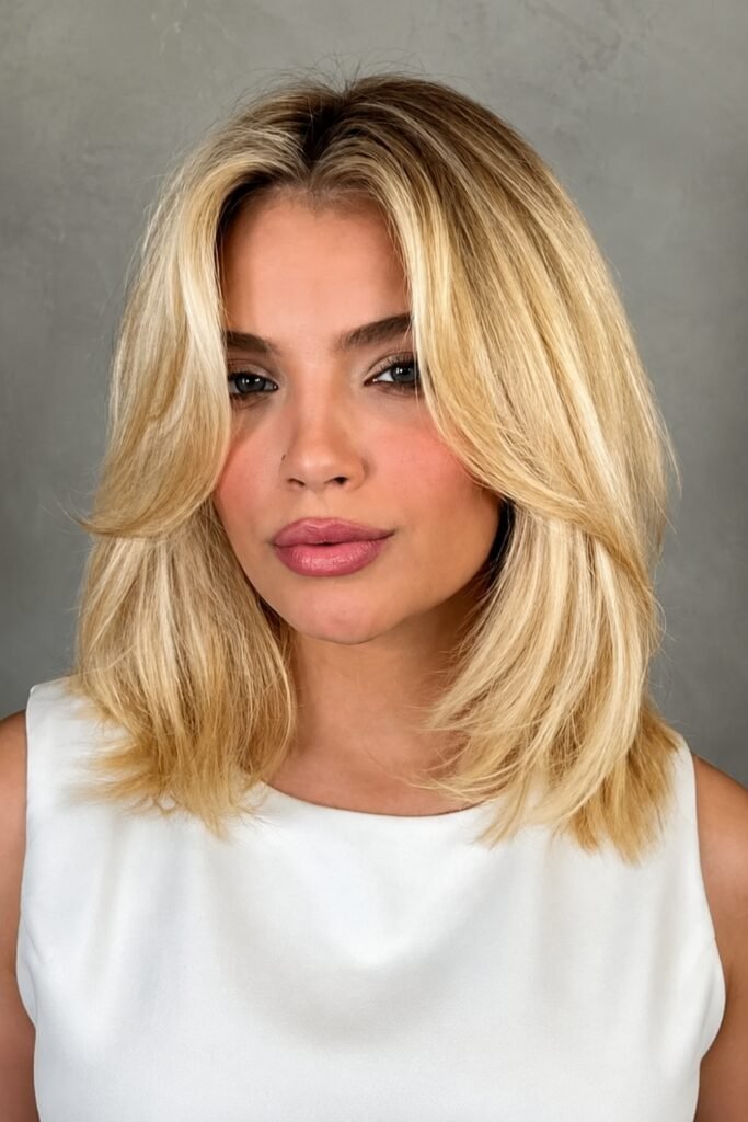 Shoulder-length blonde hair with curtain bangs and airy layers