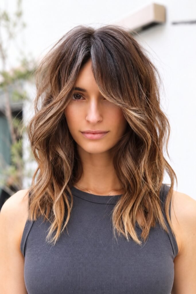 Shoulder-grazing wavy butterfly cut with highlights