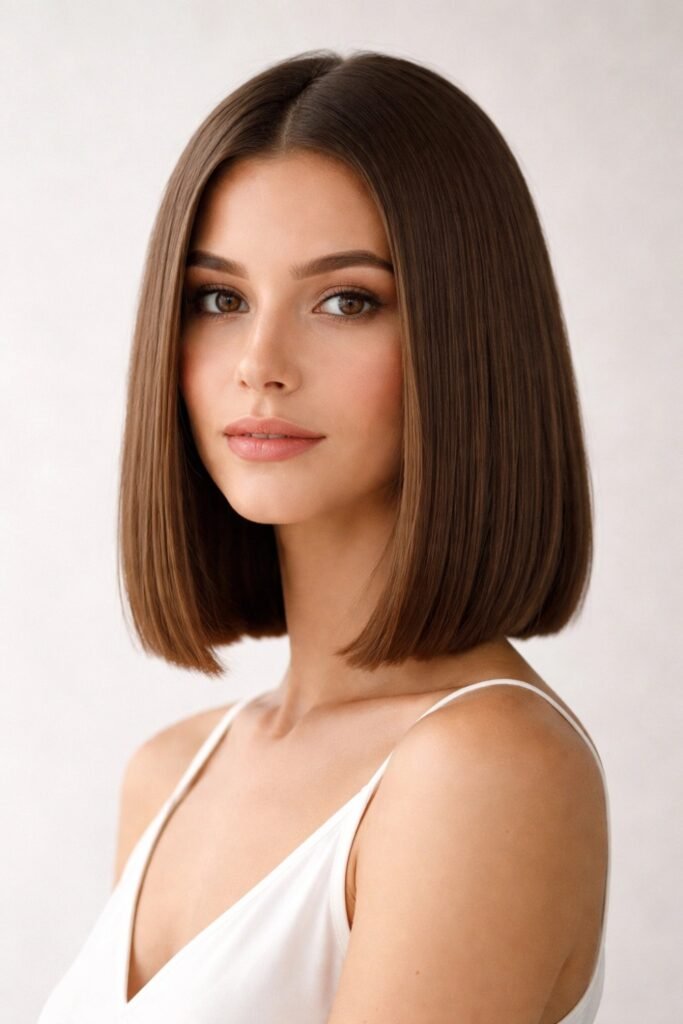 Woman with a shoulder-skimming blunt lob in dark brown