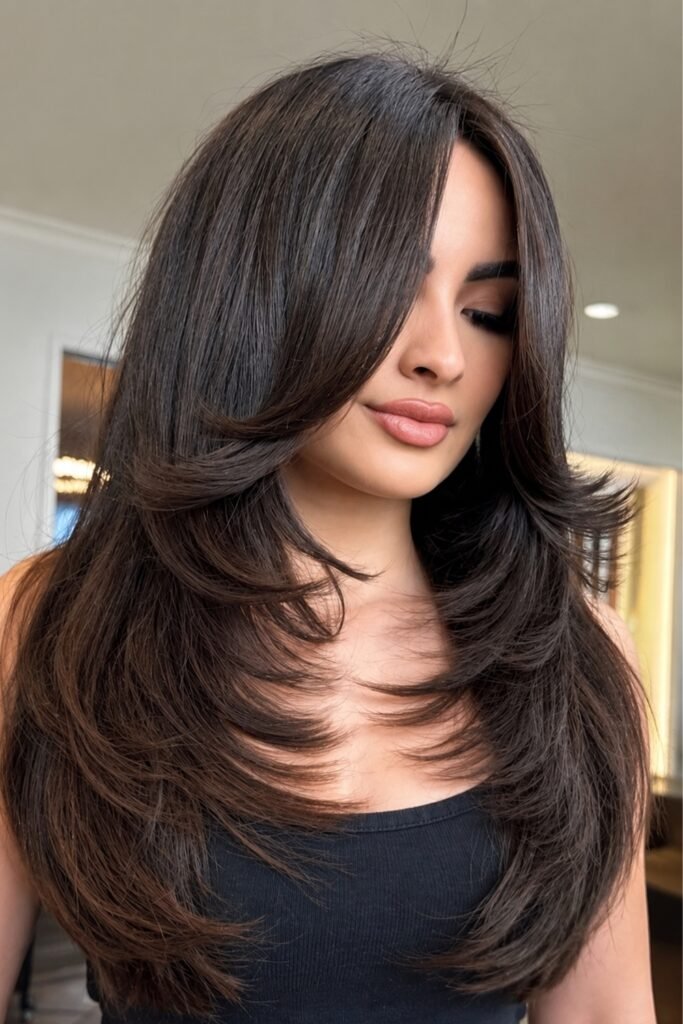 Dark brown layered hair with a deep side part sweeping across the face