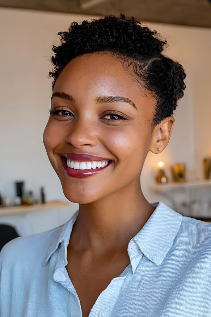 Smiling woman with a side-parted sculpted taper