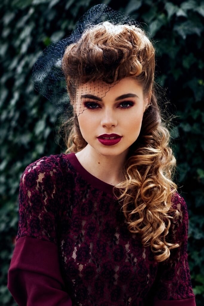 Light brown curls swept over one shoulder with a deep side part