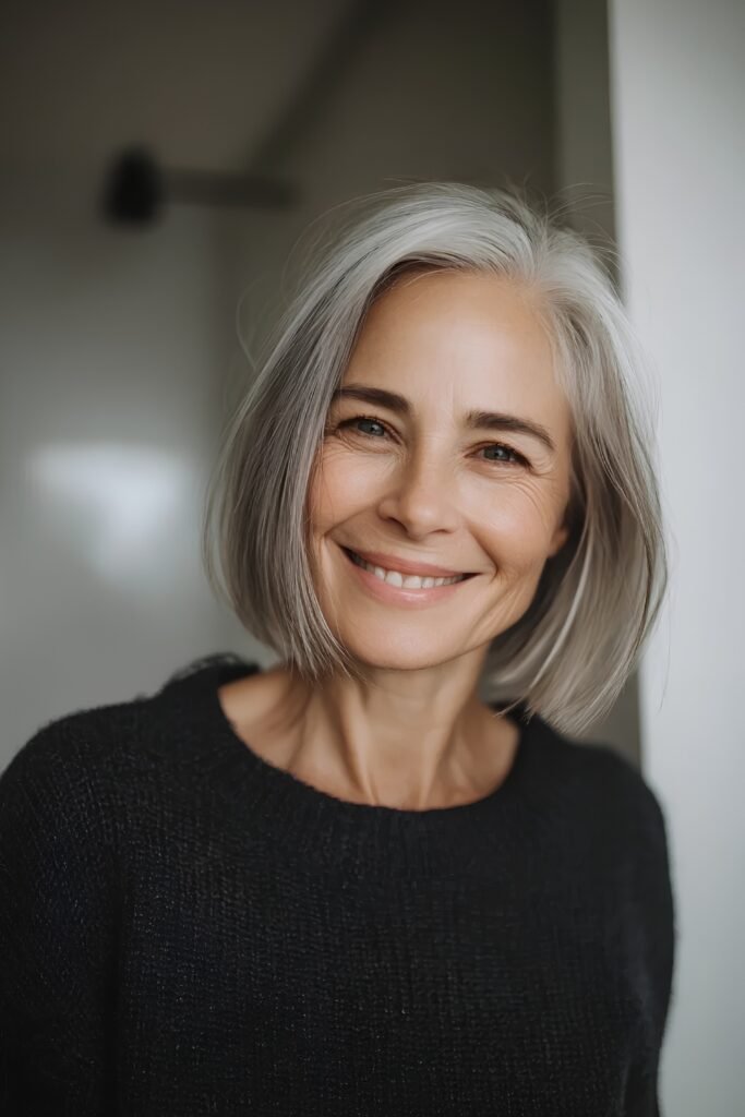 Smiling woman with a natural silver-grey Scandi bob