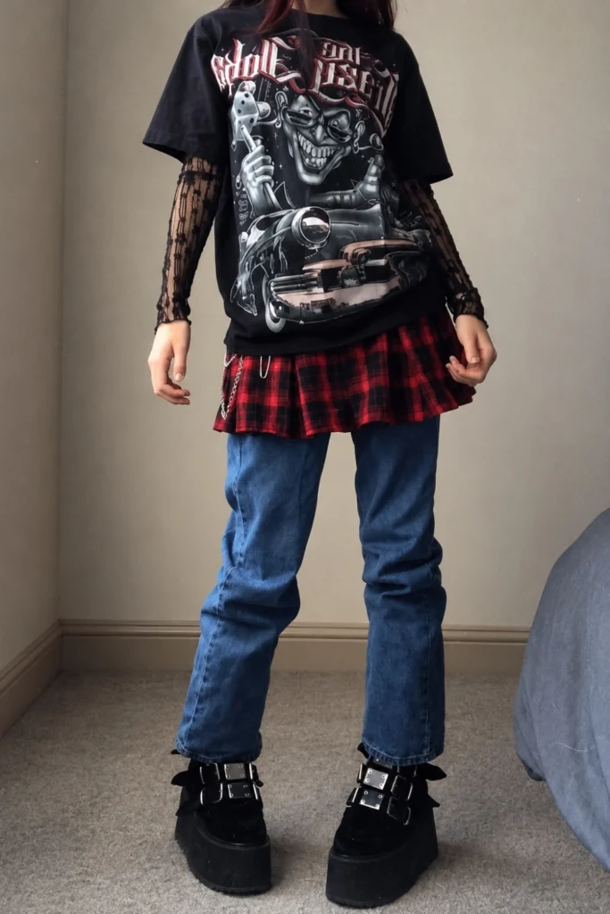 Skirt over Jeans with Oversized Graphic Tee and Boots