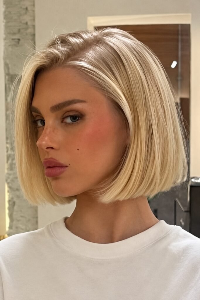 Blonde Scandi bob cut just below the jaw