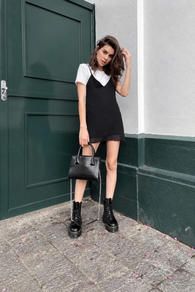 Slip Dress over Long-Sleeve Tee, Chunky Boots