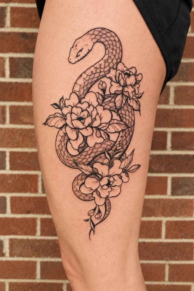 Snake and floral wrap tattoo