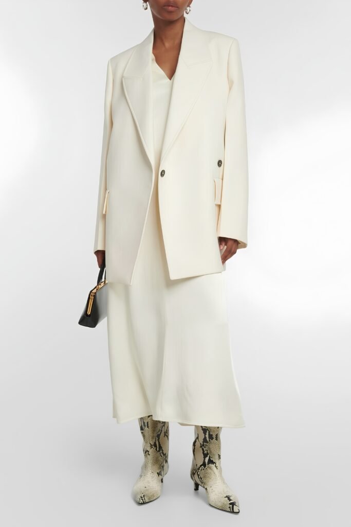 Woman in cream tailoring with snake-print boots