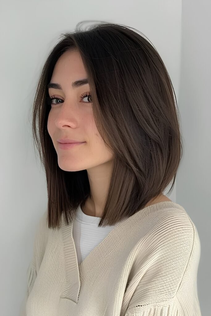 Woman with a soft-bevel blunt lob in dark brown