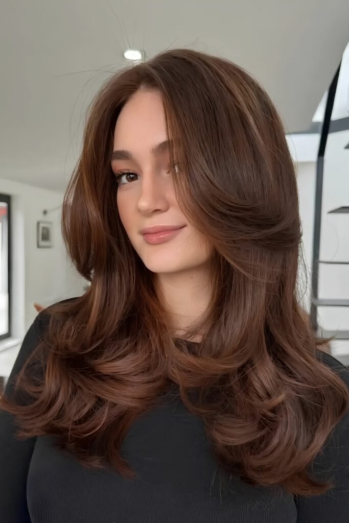 Soft grown-out wavy butterfly cut in auburn brown