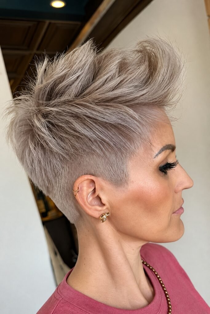 Side view of a spiky silver crown with tapered sides
