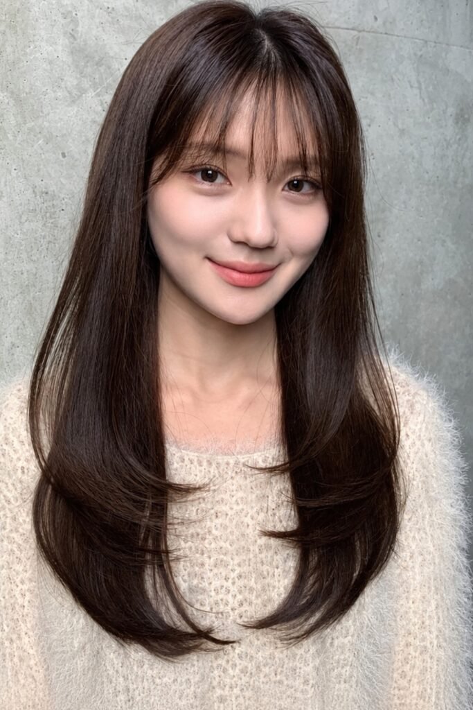 Straight long layered cut with a full soft fringe