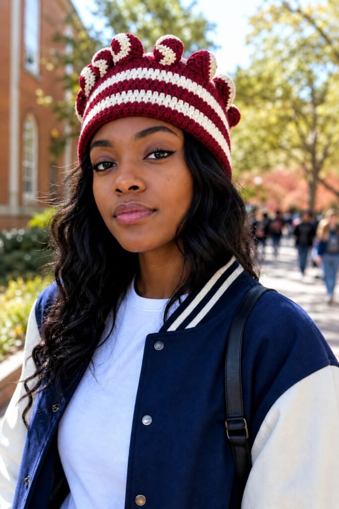 Woman in a striped curly cue beanie with a varsity jacket