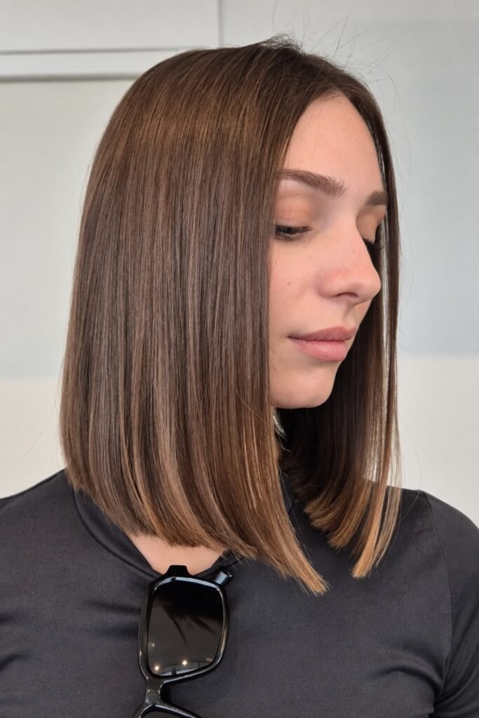 Side view of a subtle A-line blunt lob in brown