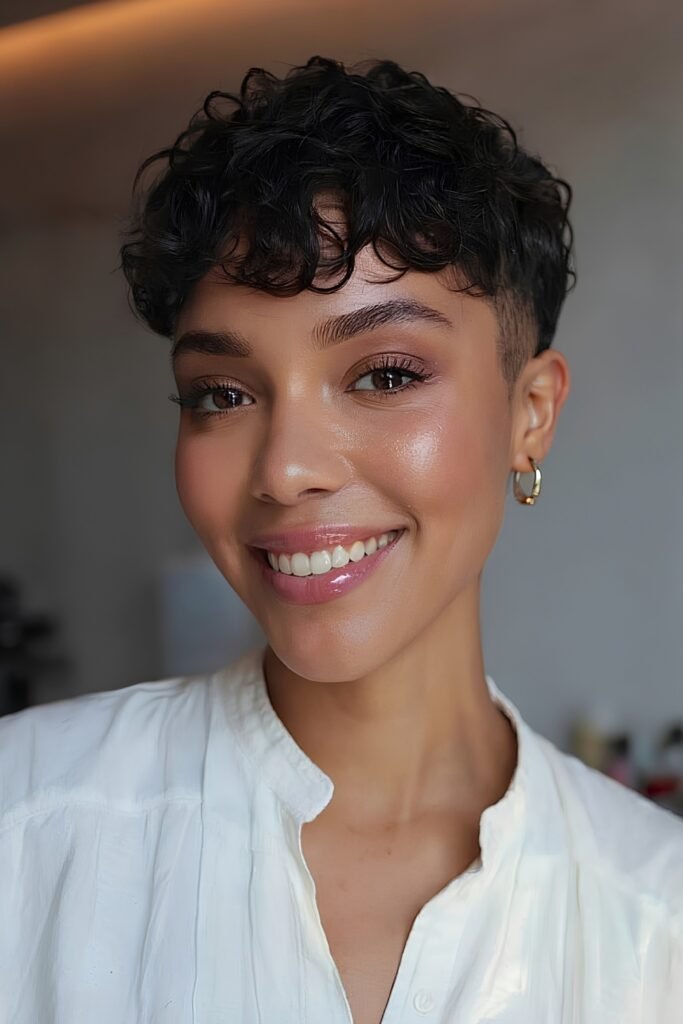 Woman with a taper and curly bangs
