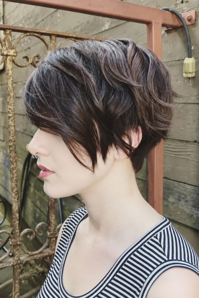 Side view of a tapered bixie with longer top layers