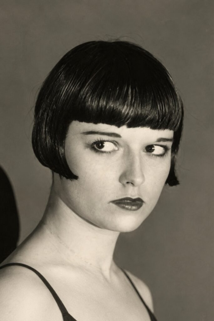 Vintage-style black shingle bob with a blunt fringe