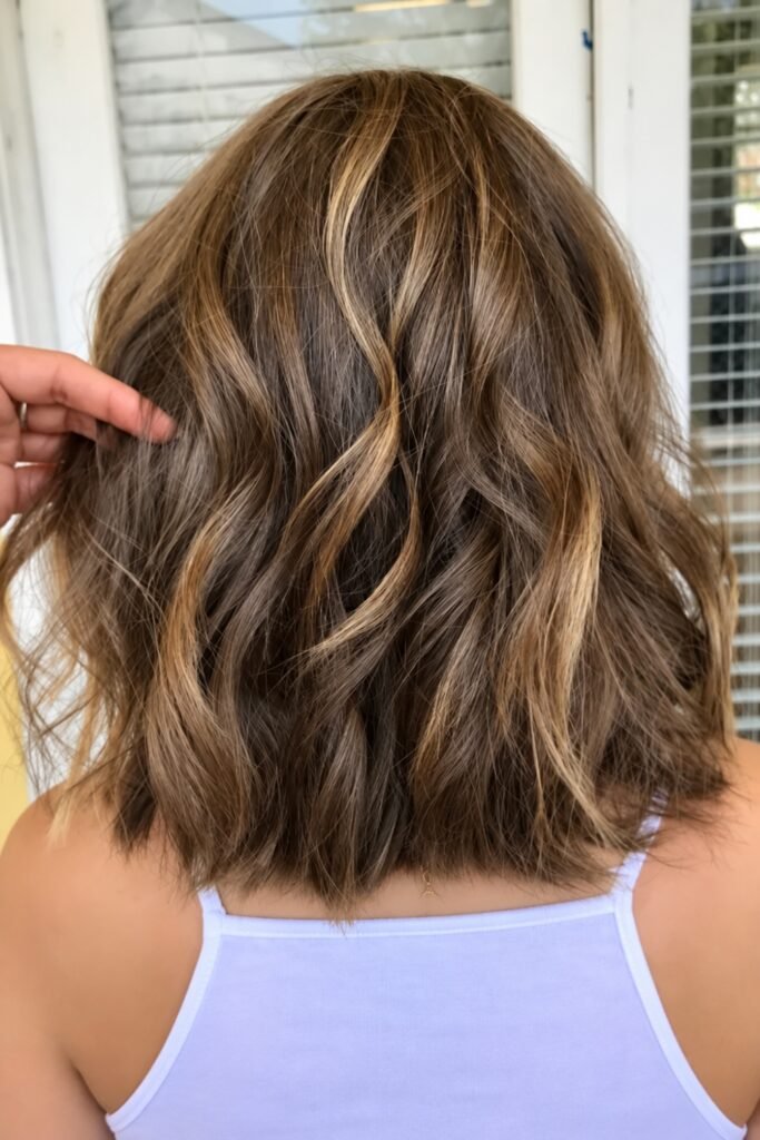 Back view of a thick wavy lob with highlights