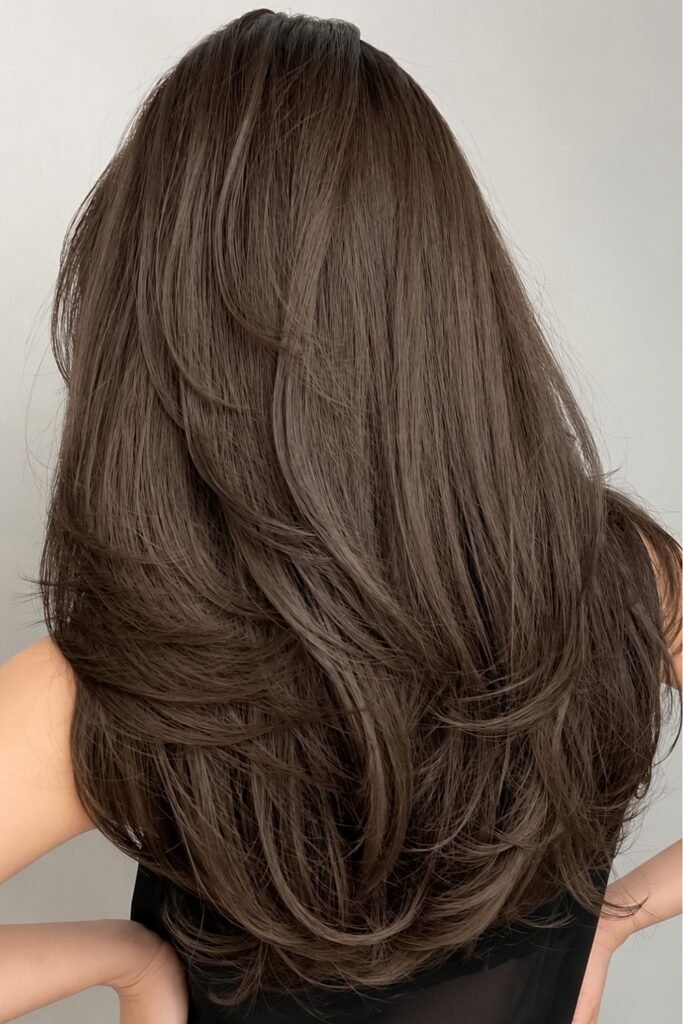 Back view of thick long brown hair cut in cascading layers