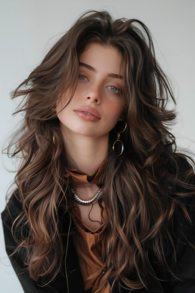 Thick dark wavy hair with internal butterfly layers