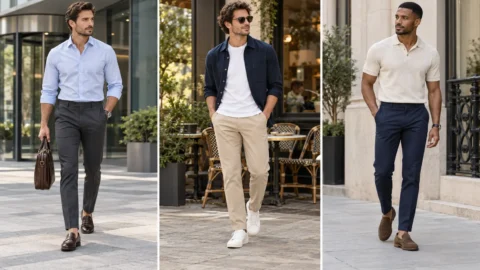 Men’s stretch trousers styled with an Oxford shirt, casual overshirt, and knit polo