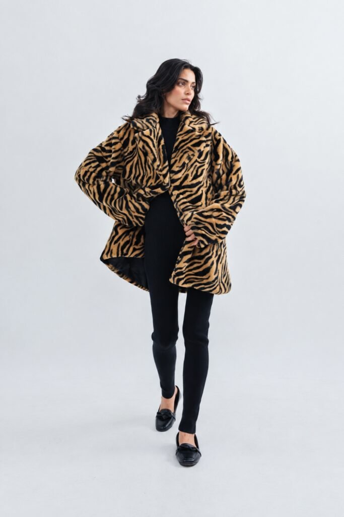 Woman in a tiger-print coat over a black outfit