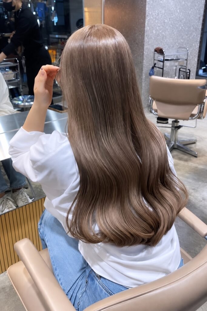 Salon back view of long, glossy light brown hair