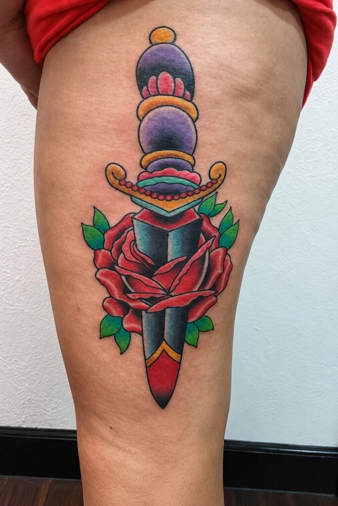Traditional rose and dagger tattoo