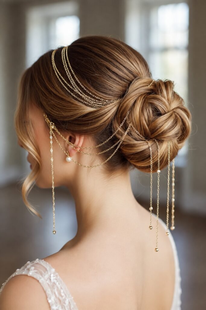 Fairy hairstyle: Twisted Side Bun with Gold Chain Draping