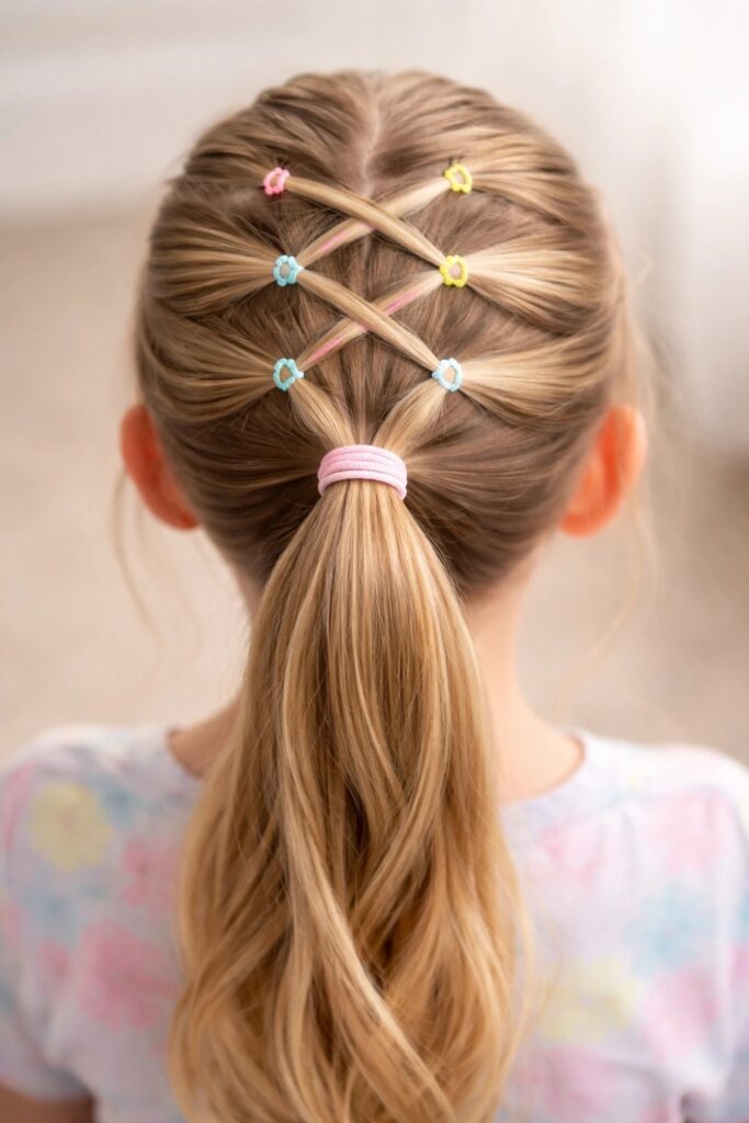 Two rubberband ponytails on a child