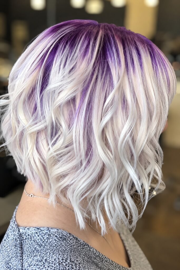 Wavy silver-white bob with ultraviolet purple roots