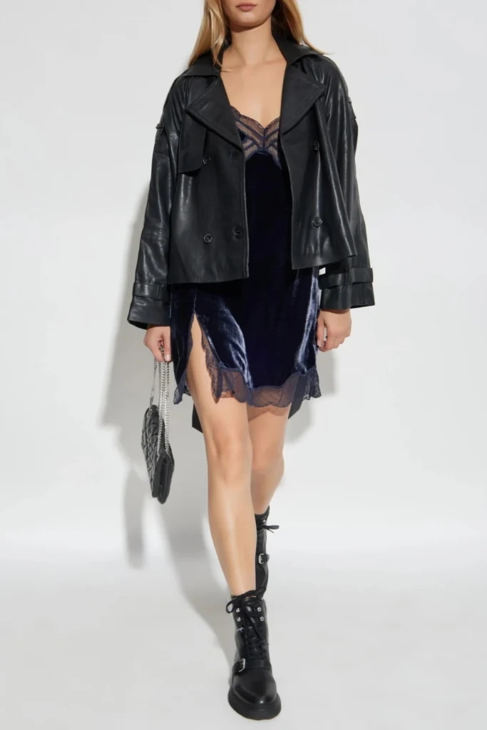 Velvet Slip Dress, Oversized Leather Jacket, Ankle Boots