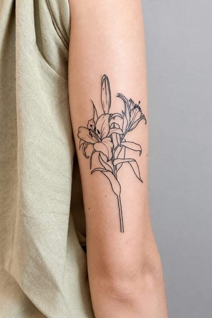 Vertical fine-line lily tattoo on the back of the arm
