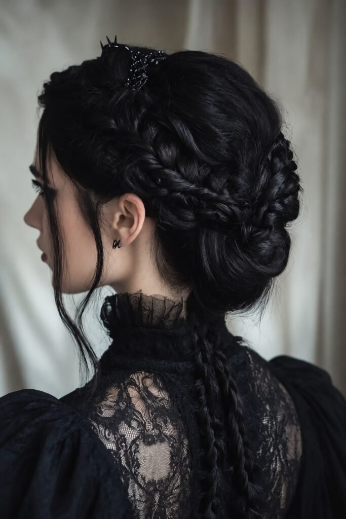 Back view of a dark braided chignon worn with a black lace collar