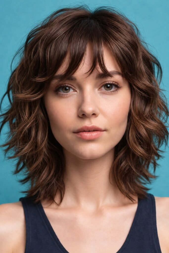 Wavy shoulder-length layered cut with a fringe