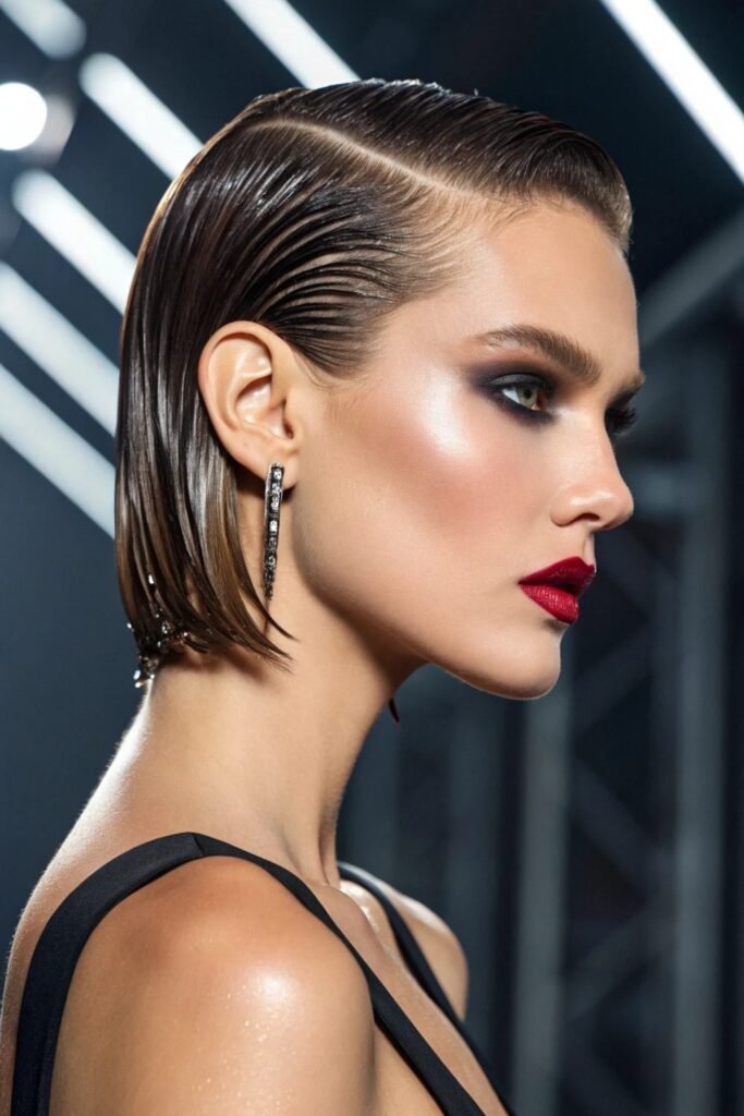 Side profile of a wet-look slicked-back dark bob