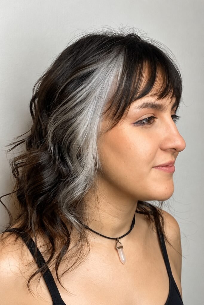 Dark hair with a wide white-blonde streak at the front and a fringe