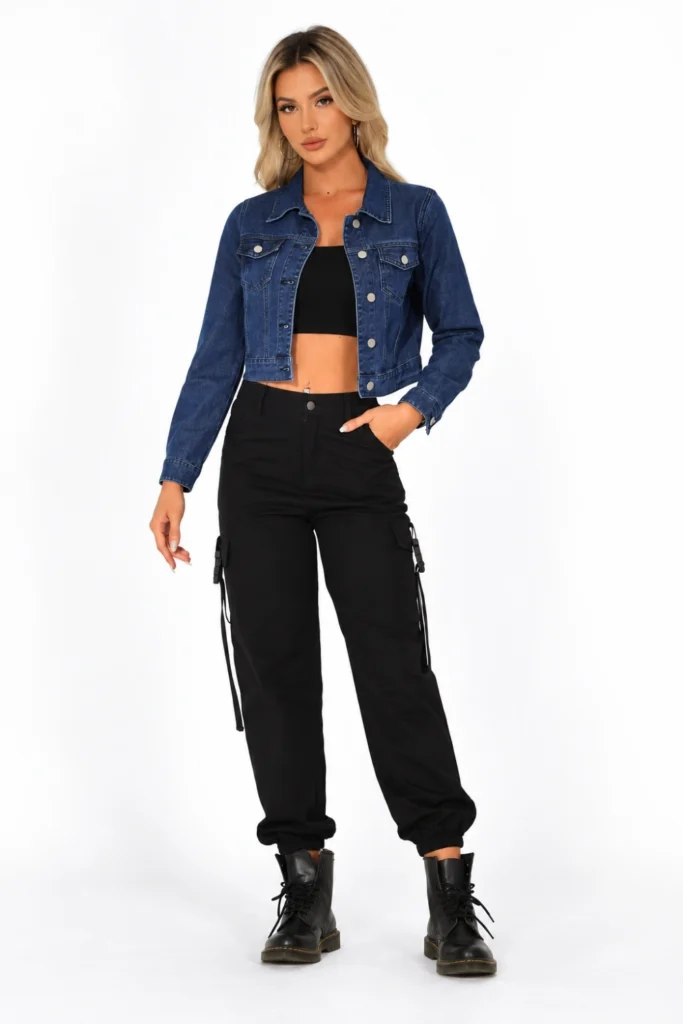Wide-Leg Cargo Jeans, Crop Top, Denim Jacket, Lug Boots