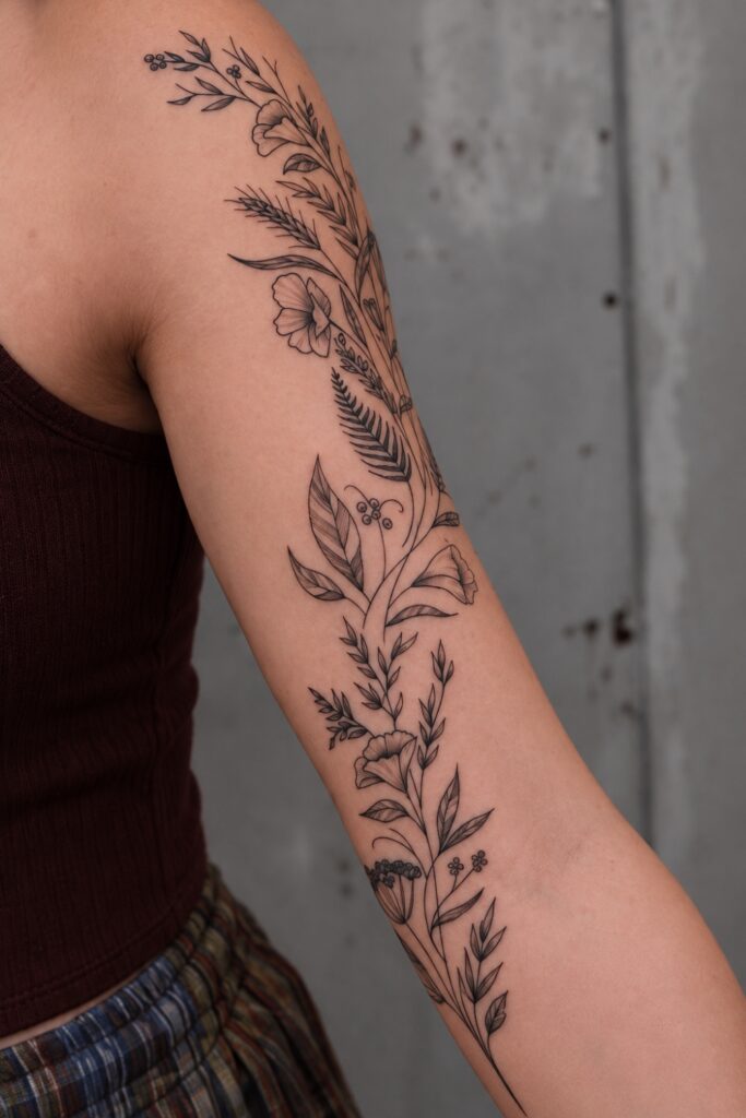 Wildflower vine tattoo on the tricep