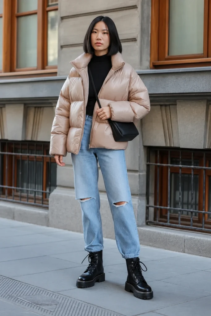 Winter Grunge Oversized Puffer, Ripped Jeans, Band Tee, Boots