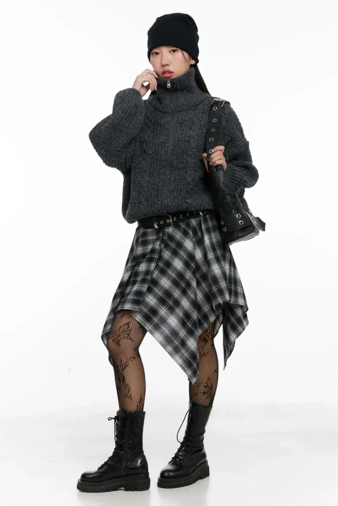 Winter Grunge Turtleneck, Plaid Skirt, Chunky Knit Tights, Boots