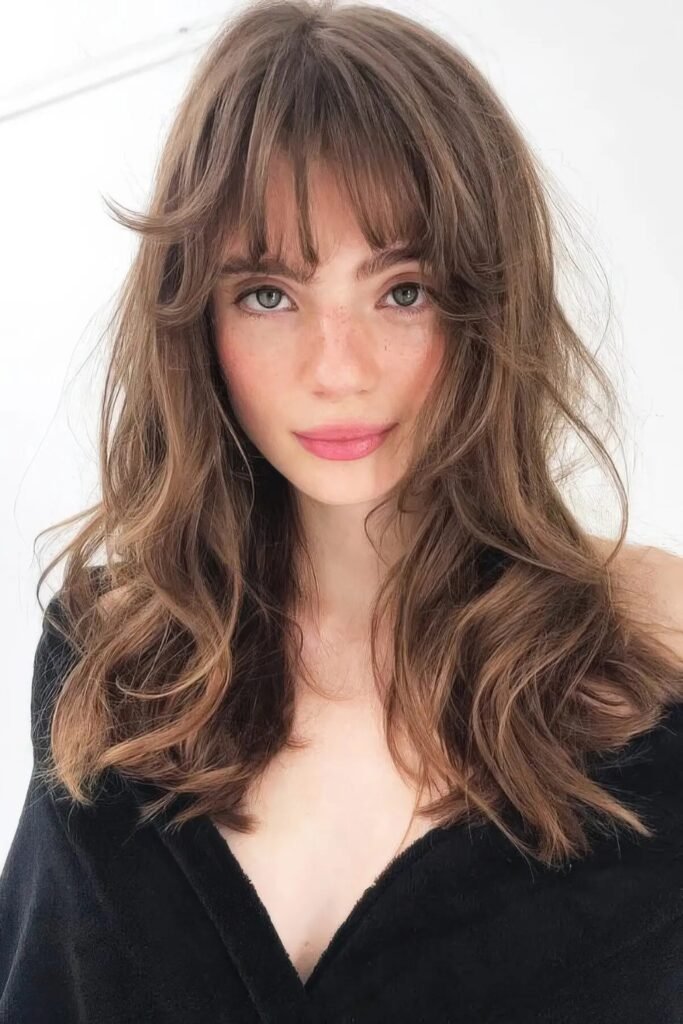 Wavy brown hair with wispy bangs and butterfly layers