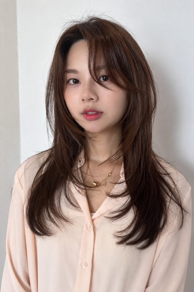 Long dark layers starting at the collarbone with a wispy fringe