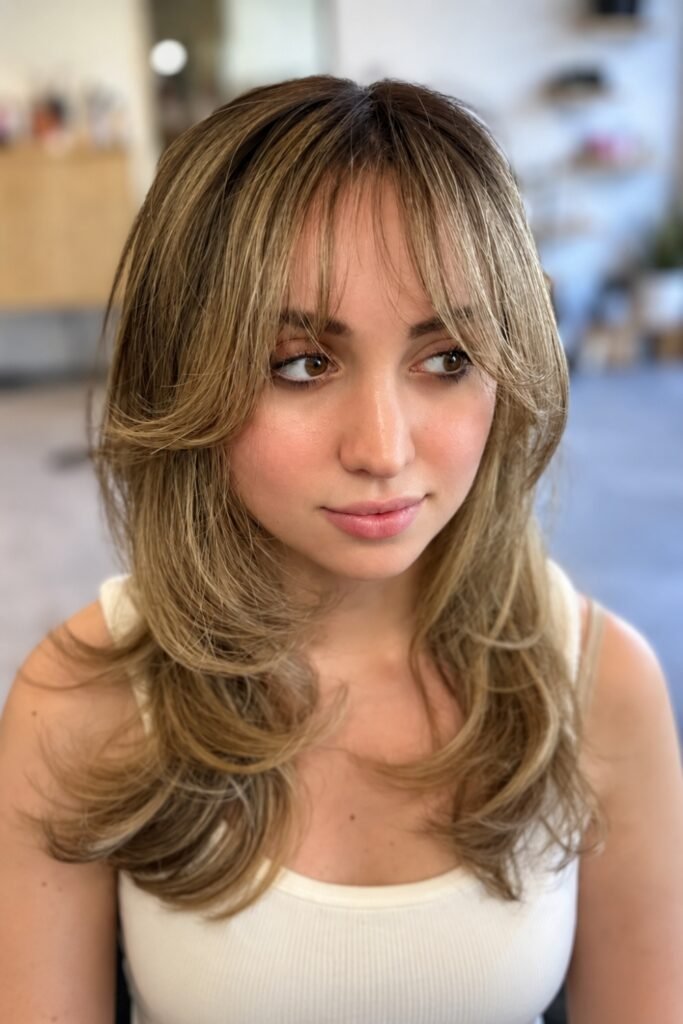 Dark blonde layered hair with a wispy fringe and flipped ends