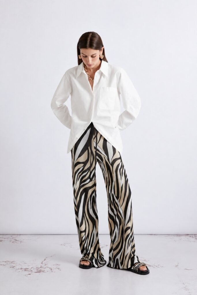 Woman in zebra-print trousers with a white shirt