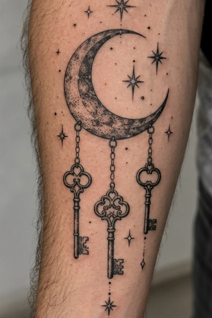 Black and grey crescent moon tattoo with three antique skeleton keys hanging on chains and small stars on a man's forearm