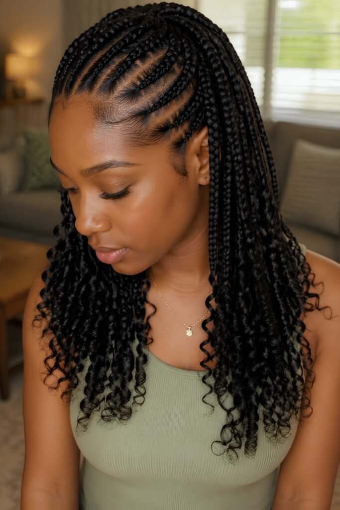 Minimal-extension goddess braids with curly ends