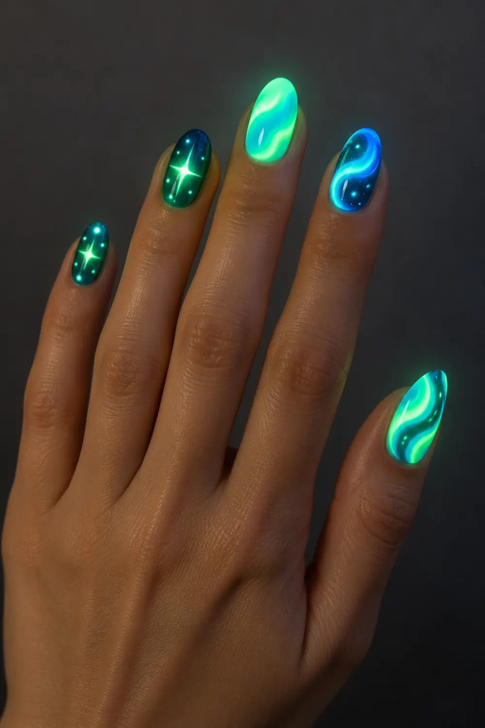 Fluorescent green and blue glow-in-the-dark nails