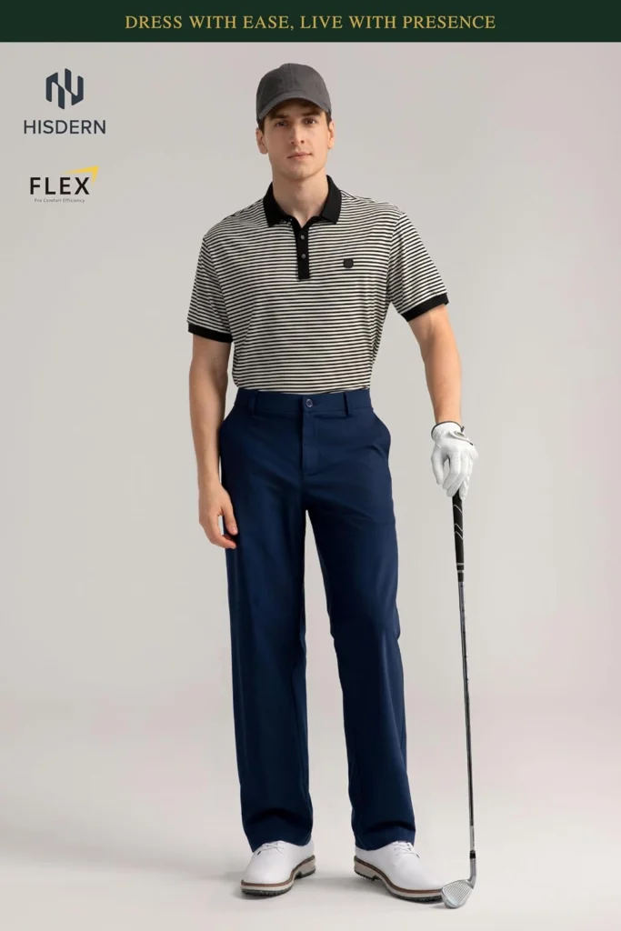 Man wearing HISDERN Flex 505 navy trousers with a striped polo and white sneakers
