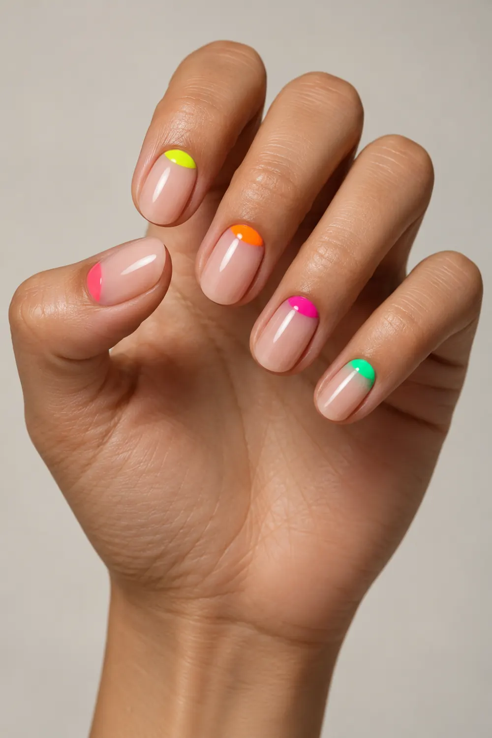 Nude nails with bright neon half-moon accents at the base